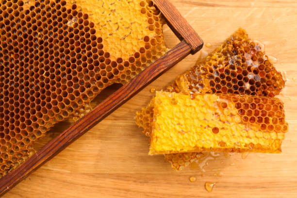 istock Fresh delicious honeycombs and hive frame on wooden table, flat lay 1405787243