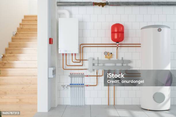Home Interior With Boiler System In Basement Stock Photo - Download Image Now - Boiler, Home Heating, Radiator - Heater