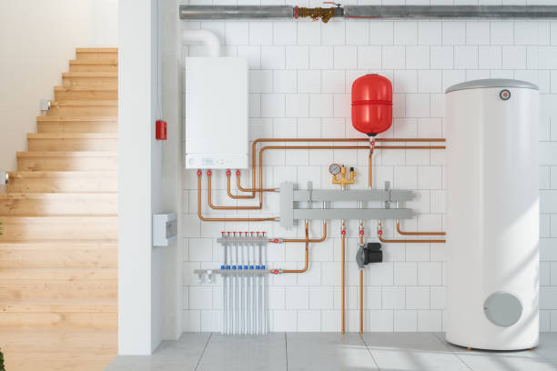 домашний интерьер с котел�ьной в подвале - boiler heat pipe water стоковые фото и изображения