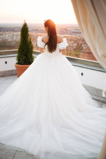 красивая невеста позирует в белом платье принцессы с короной. - women crown princess 20s стоковые фото и изображения