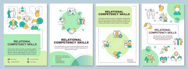 Skills of relational competency green brochure template Skills of relational competency green brochure template. Leaflet design with linear icons. Editable 4 vector layouts for presentation, annual reports. Arial-Bold, Myriad Pro-Regular fonts used book dedication stock illustrations