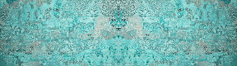 Old turquoise green vintage shabby damask patchwork tiles stone concrete cement wall texture background banner