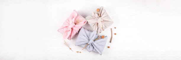 istock Banner with Christmas furoshiki wrapping. Zero waste concept. Flat lay. 1405788916