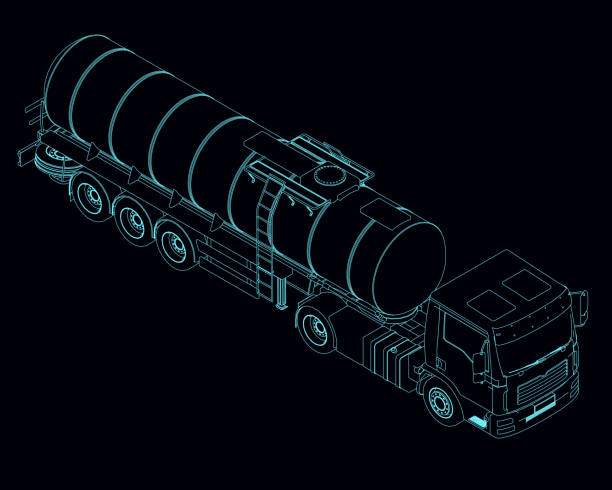 어두운 배경에 고립 된 파란색 선에서 운송 할 수있는 탱크가있는 상세한 트럭의 개요. 아이소메트릭 뷰. 3d. 벡터 일러스트레이션. - semi truck fuel tanker truck diesel stock illustrations