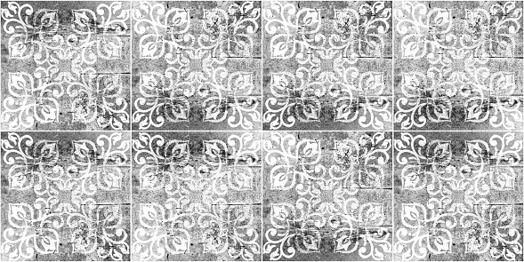 Seamless old aged weathered grunge gray grey white vintage worn shabby patchwork motif tiles stone concrete cement wall texture background with ornate floral flower leaf print