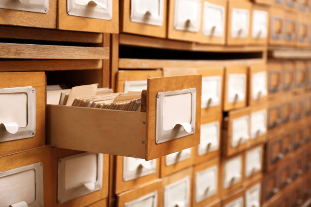 istock Closeup view of library card catalog drawers 1405790487