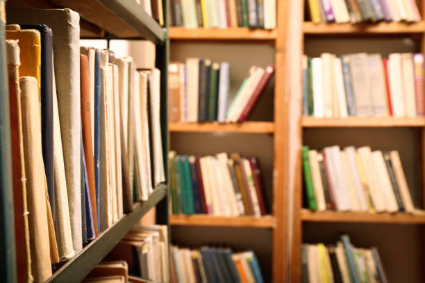 istock Collection of different books on shelves in library 1405790488