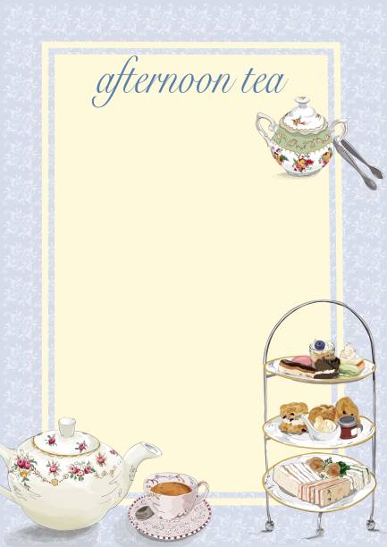 Afternoon tea invite1 Afternoon tea invitation. Vintage style vector tea set stock illustrations