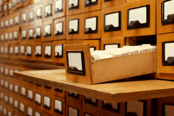 istock Closeup view of library card catalog drawers 1405790574