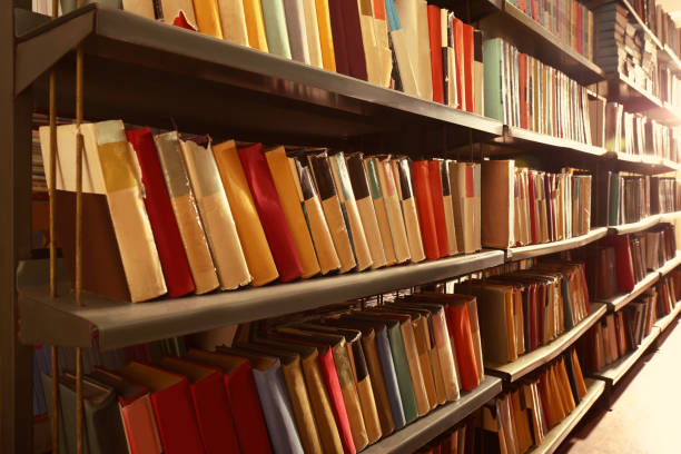 istock Collection of different books on shelves in library 1405790598