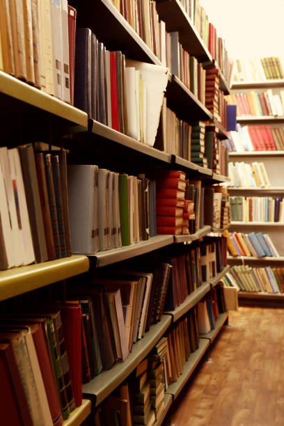 istock Collection of different books on shelves in library 1405790662