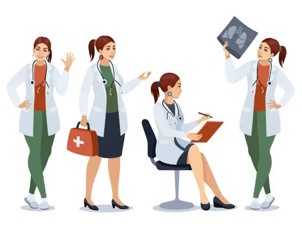 Vector illustration of Doctor woman poses vector illustration set.