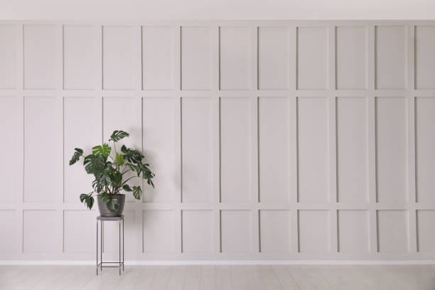istock Green plant on stand near empty molding wall indoors, space for text 1405793113