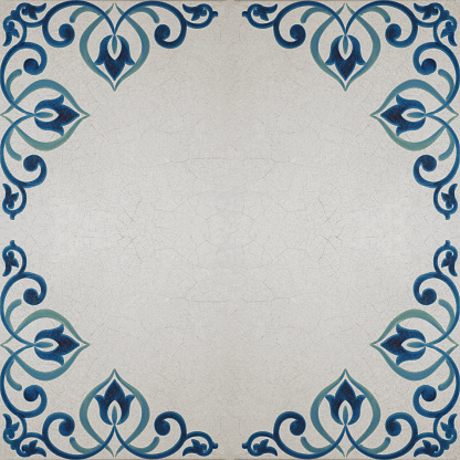 Old blue white vintage retro seamless square cement stone tile texture structure with floral flower leaf print