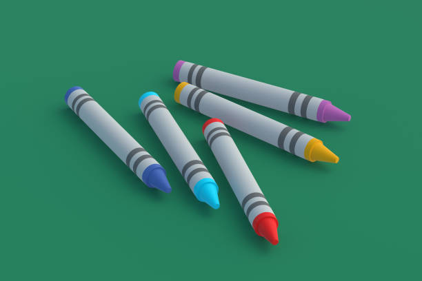 istock Strewn wax crayons on green background. 3d render 1405798121