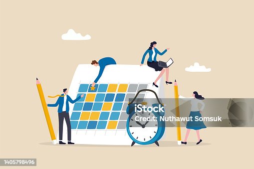 istock Schedule calendar, team meeting or appointment, project planning or time reminder, manage timeline concept, businessman and businesswoman working on calendar planner to schedule and organize work. 1405798496