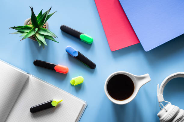 istock Flat lay with stationery items, pupil and student workplace concept. 1405800155