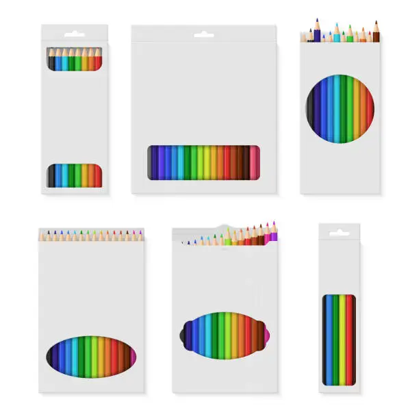 Vector illustration of Cardboard boxes with multicolored pencils set realistic vector illustration. Stationery package