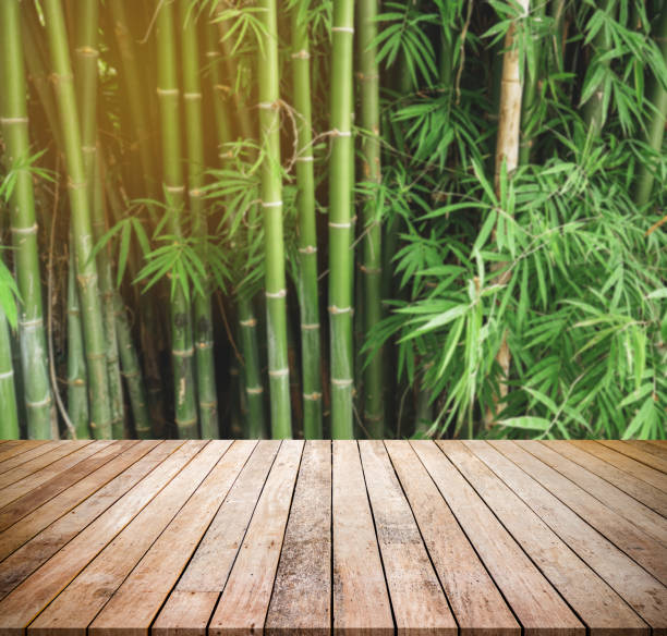istock Old wood plank with abstract natural blurred bamboo forest background for product display 1405801251