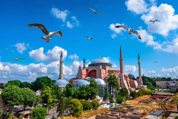 Aerial view of Hagia Sophia in Istanbul, Turkey.