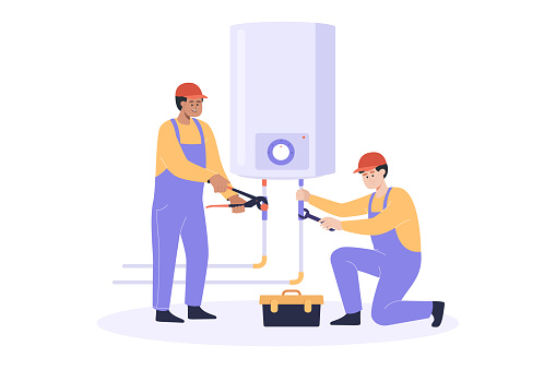Workers repairing water heater flat vector illustration