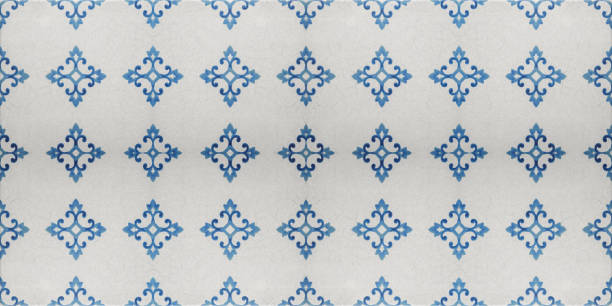 Old blue white vintage retro seamless square cement stone tile texture structure with floral flower leaf print background