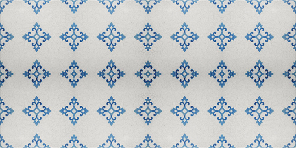 Old blue white vintage retro seamless square cement stone tile texture structure with floral flower leaf print background