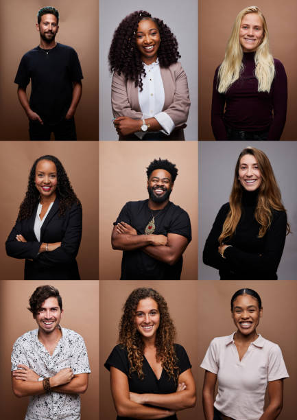 Composite image a diverse group of smiling young men and women Composite image a diverse multiracial group of young men and women smiling while standing against a studio backdrop multiculturalism photos stock pictures, royalty-free photos & images