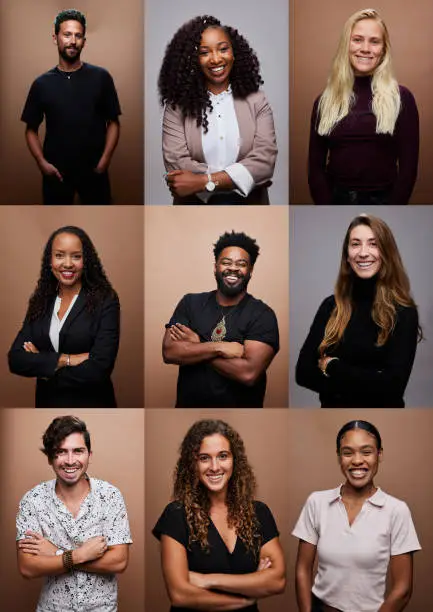 Composite image a diverse multiracial group of young men and women smiling while standing against a studio backdrop