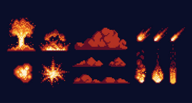 illustrations, cliparts, dessins animés et icônes de nuage de champignon nucléaire, explosion de bombe pixel art set. pluie de feu, explosion, collection de comètes chaudes. nuages de suie, fumée. - bomb symbol explosive sparks