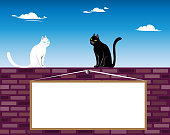 istock Illustration of a black and white cat. Two cats, black and white, are sitting on a brick wall. Clouds are floating in the sky. There is a board on the wall for any cute message. 1405806705