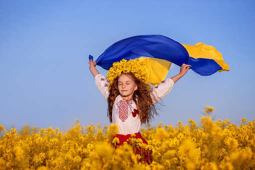 Niña ucraniana con camisa bordada y corona amarilla en campo de flores amarillas contra el cielo azul. Bandera azul-amarilla de Ucrania ondeando en el viento en manos de la pequeña niña ucraniana. Oren por Ucrania. Día de la Bandera de la Independencia photo