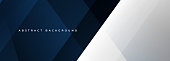 istock Blue and white modern abstract wide banner with geometric shapes. Dark blue and white abstract background. 1405807484