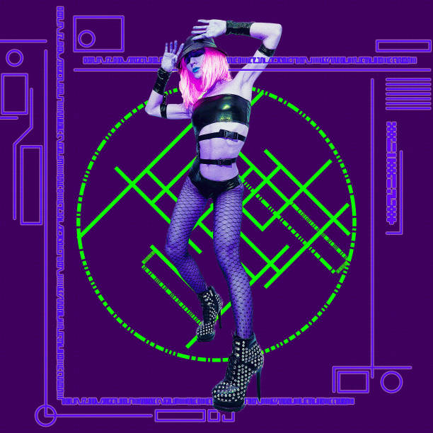 istock Contemporary digital collage art.  Techno Party Lady. Minimal geometry style 1405808563