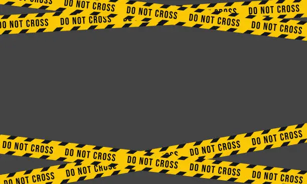 Vector illustration of Safety warning banner. Black yellow and white striped banner on black background. Do not cross. Vector illustration.