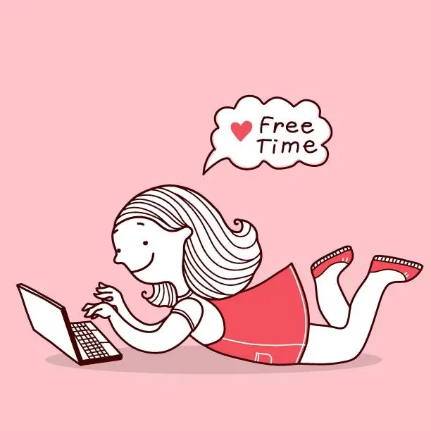 Vector illustration of Young woman work laptop. Vector hand drawn pink card illustration with teenager girl and laptop greeting card for text.