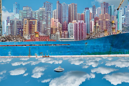 Fantastic landscape. Modern art collage of skyscrapers, sky and ship.