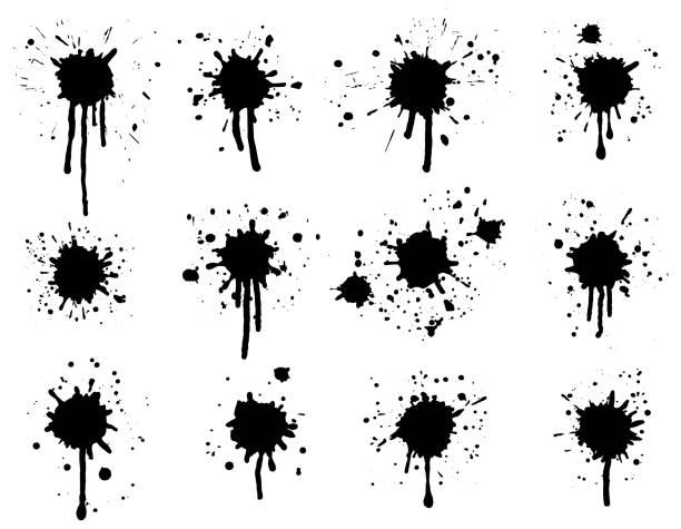 Black ink splashes with drips and drops, set.  Vector illustration Black ink splashes with drips and drops, set.  Vector illustration pareidolia stock illustrations