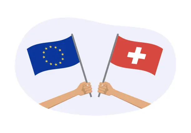 Vector illustration of EU and Switzerland flags. Swiss and European Union symbols. Hand holding waving flag. Vector illustration.