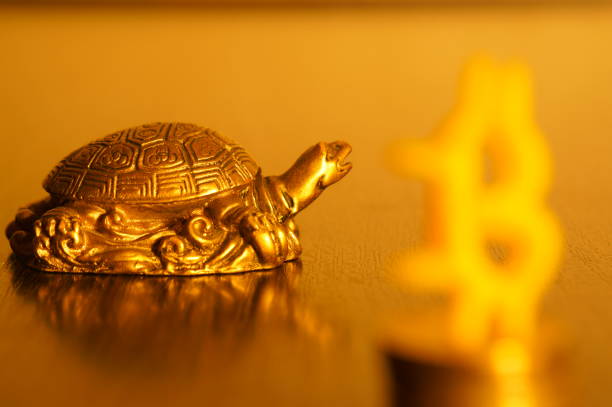A metal turtle and a Bitcoin figurine close-up on the table.