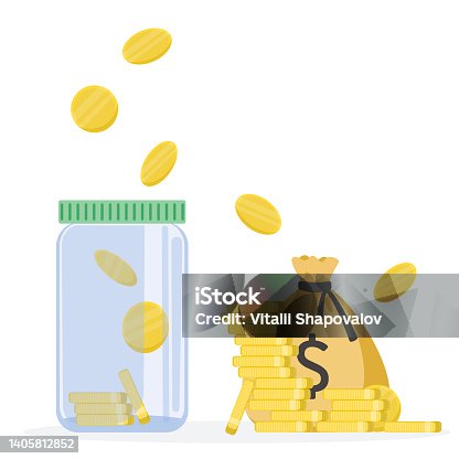 istock Saving money. Accumulation of money, piggy bank. Coins fall into a glass jar. Vector illustration in flat style 1405812852