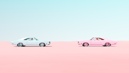 Pink and Blue Vintage Muscle Car Head to Head Race Meet Desert Sand Blue Sky Sunny 3d illustration render