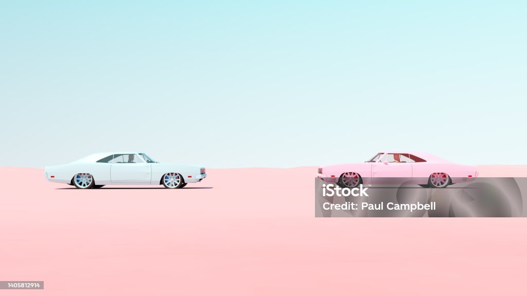 Pink and Blue Vintage Muscle Car Head to Head Race Meet Desert Sand Blue Sky Sunny Pink and Blue Vintage Muscle Car Head to Head Race Meet Desert Sand Blue Sky Sunny 3d illustration render Sports Car Stock Photo