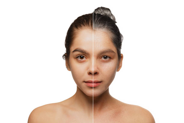 istock Composite image with girl in comparison youth and maturity. Skin aging process, wrinkles. Plastic surgery, beauty procedures. Before and after concept. 1405813028