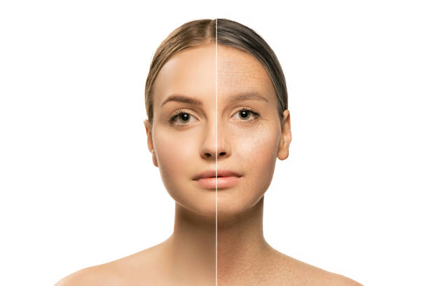 istock Composite image with girl in comparison youth and maturity. Skin aging process, wrinkles. Plastic surgery, beauty procedures. Before and after concept. 1405813032