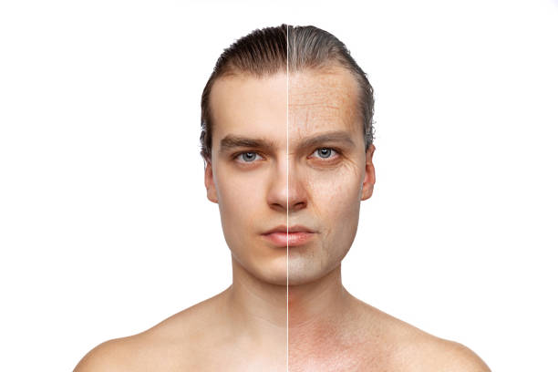 istock Man's portrait in comparison youth and maturity, old age. Skin aging process, wrinkles. Plastic surgery, beauty procedures. Before and after concept. 1405813035