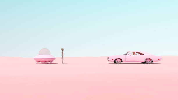 pink vintage muscle car ufo flying saucer encounter desert sand sunny blue sky roswell new mexico incident concept - color image car futuristic road trip fotografías e imágenes de stock