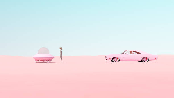 pink vintage muscle car ufo flying saucer encounter desert sand sunny blue sky roswell new mexico incident concept - roswell foto e immagini stock