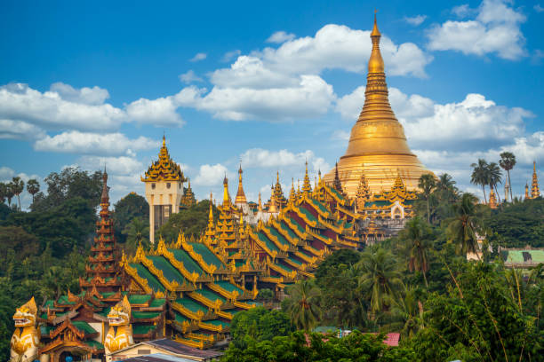 atração do pagode shwedagon na cidade de yagon com fundo azul do céu, a arquitetura antiga do pagode shwedagon é um belo pagode no sudeste da ásia, yangon, myanmar, asiático, ásia. - shwedagon pagoda yangon myanmar temple - fotografias e filmes do acervo