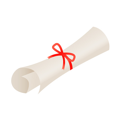 Diploma scroll with red bow on isolated white background